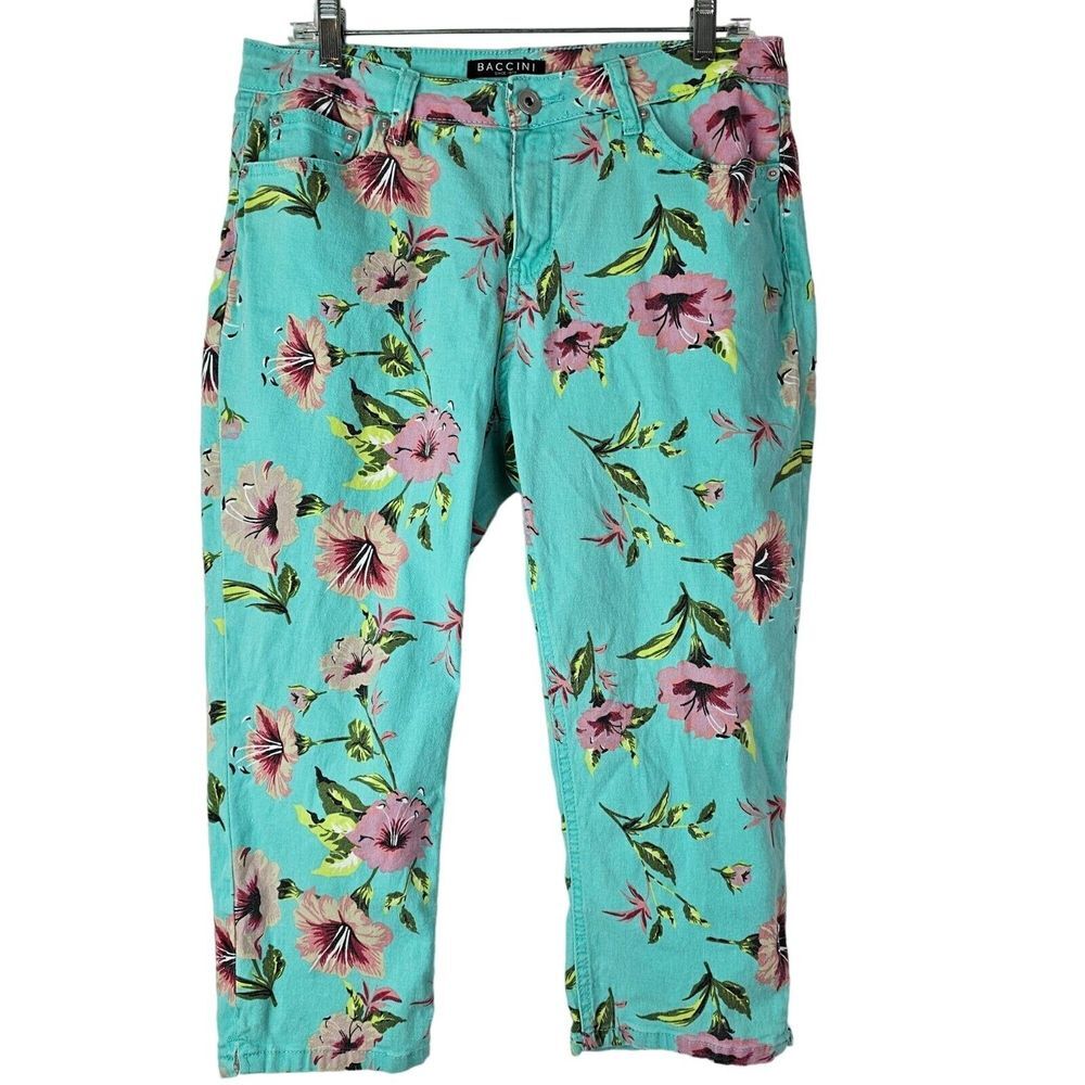 Baccini Women's Blue Pink Floral‎ Hibiscus Crop Capri Stretch Jeans Size 1 GUC